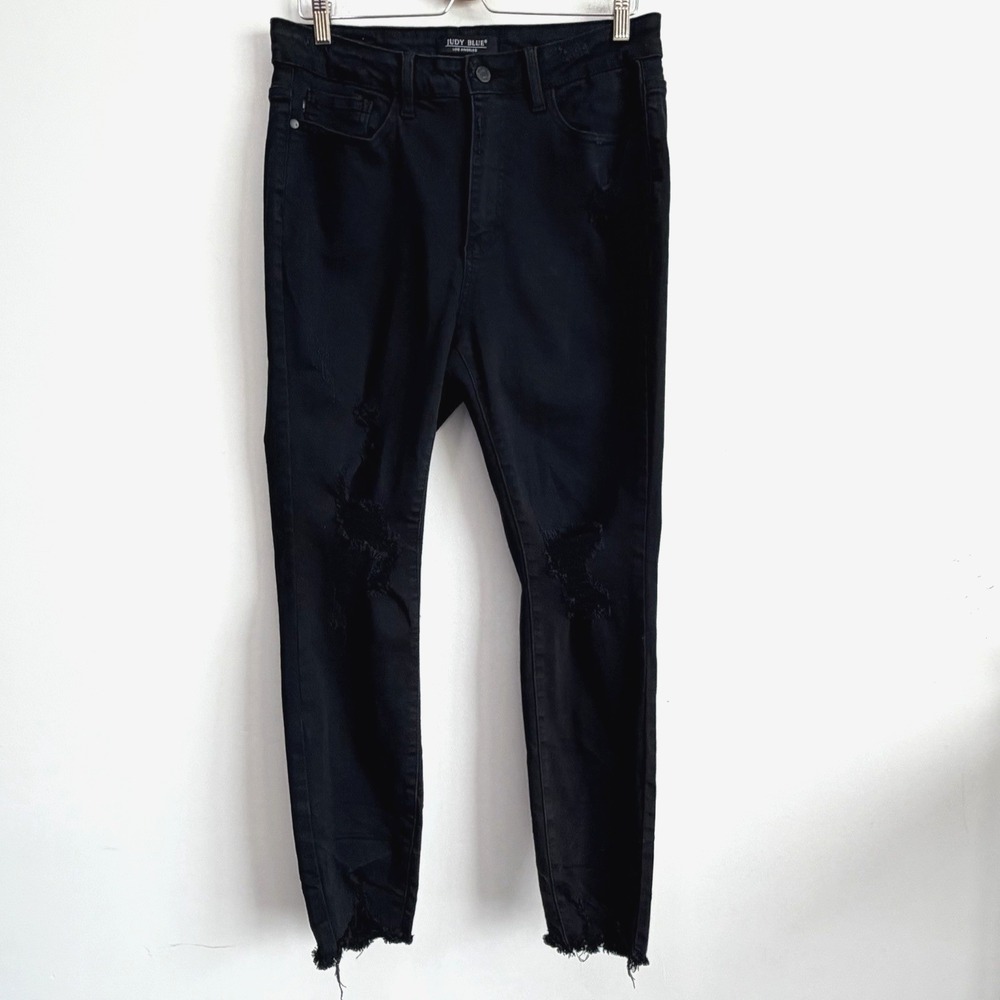 Judy‎ Blue Distressed Skinny Jeans 14 W Jet Black JB88268 Raw Hem Stretch 33x27